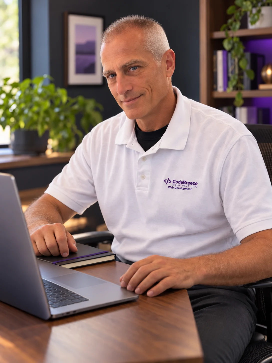 Kevin Mohan working on a laptop for CodeBreeze Solutions