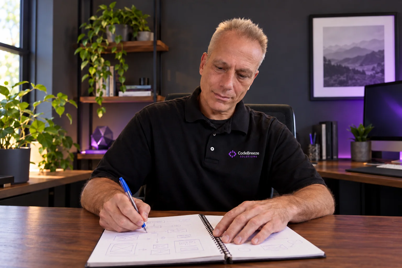 Kevin Mohan planning a website project in a notebook