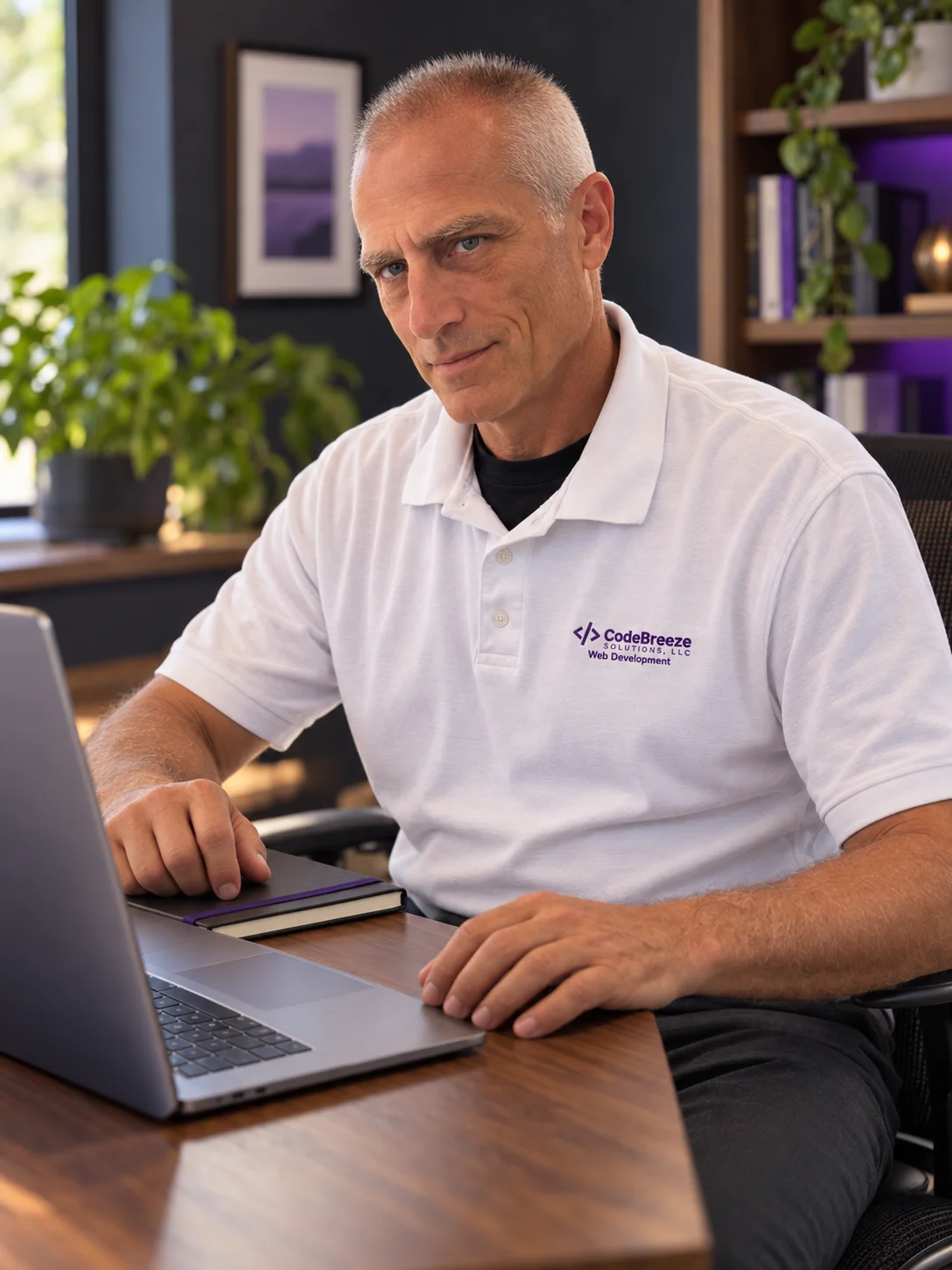 Kevin Mohan working on a laptop for CodeBreeze Solutions