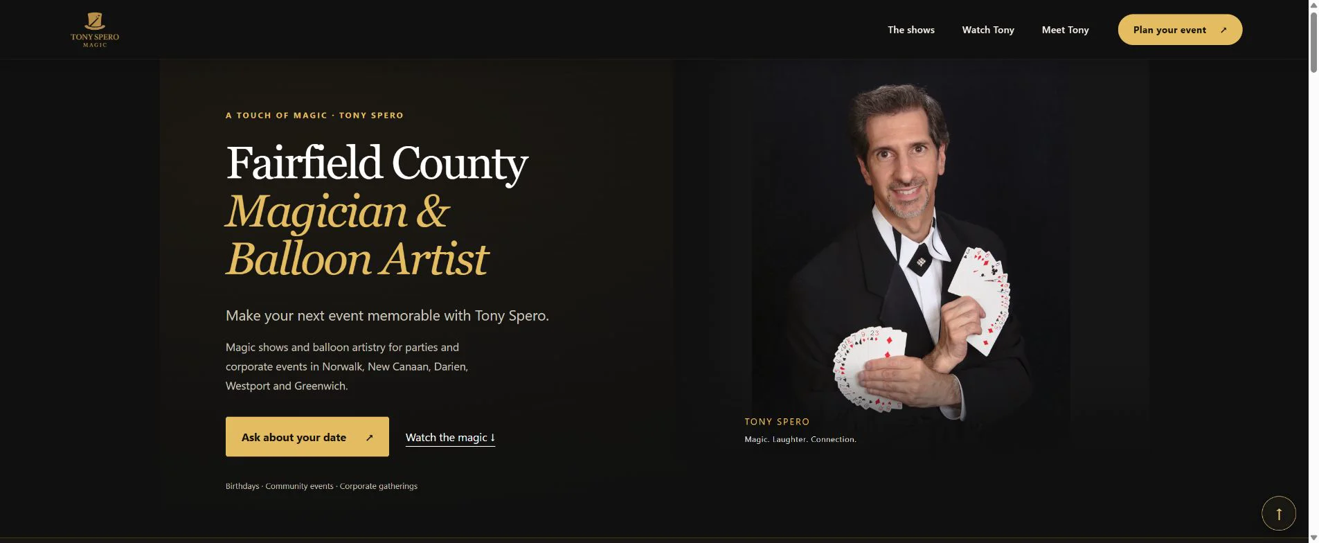 Tony Spero Magic redesigned desktop homepage with black-and-gold branding and card-fan portrait